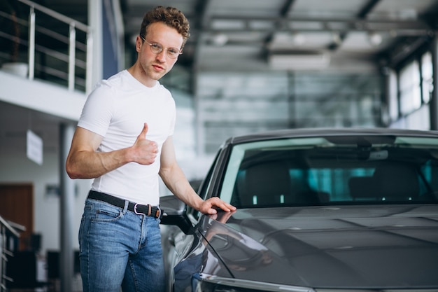 Man looking for a car in a car showroom