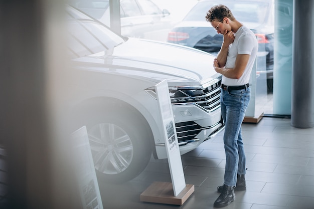 Man looking for a car in a car showroom