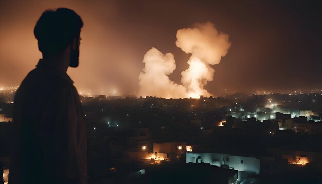 Foto gratuita uomo che guarda la città di notte con il fumo che viene dai camini