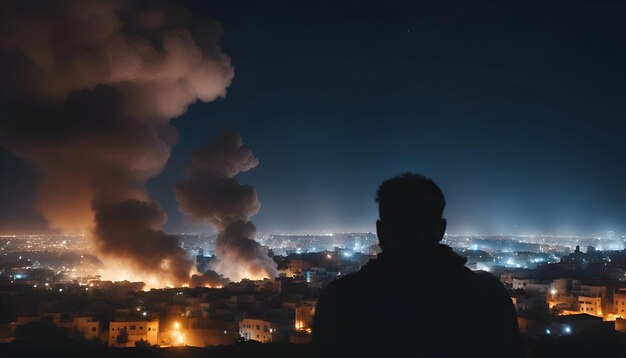 Free photo man looking at the city at night with smoke from chimneys