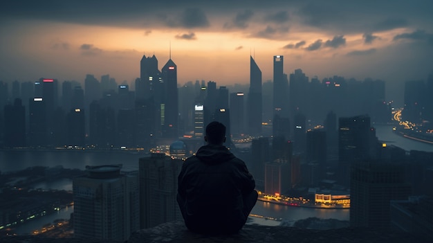 Man looking at city in the night