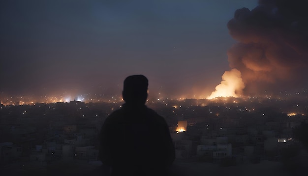 Foto gratuita un uomo che guarda un grande fuoco in città di notte