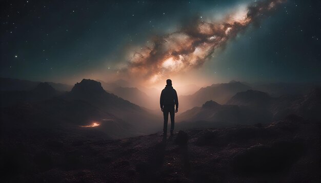 Man looking at the milky way galaxy 3D Rendering