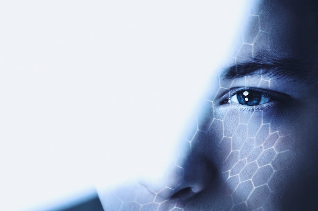 Бесплатное фото Человек смотрит сквозь стекло бизнес видение технология блокчейн цифровой ремикс