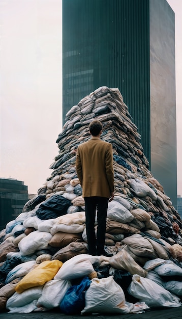 Free photo man looking at the trash tower