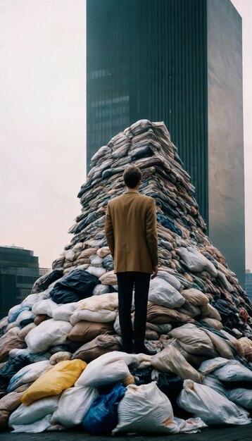 Uomo che guarda la torre della spazzatura