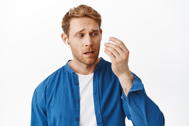Free Photo man looks confused on wireless earphone broken earbud while listening music talking in headphones standing against white background copy space