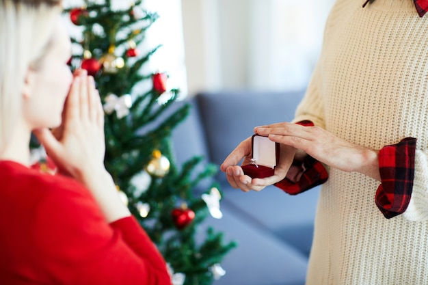 Man makes a marriage proposal to his girlfriend on Christmas day
