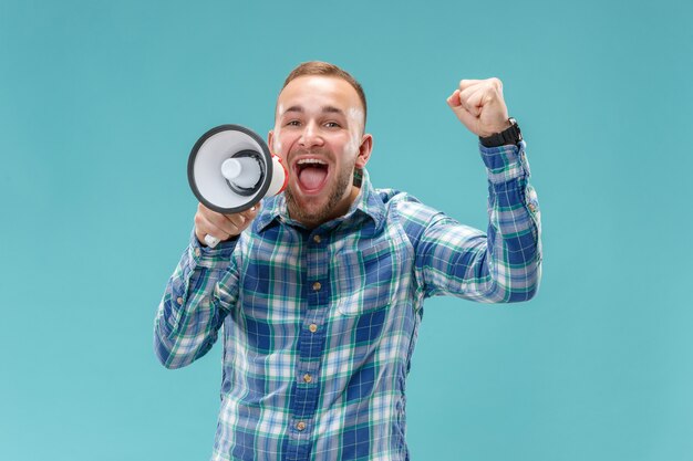 Man making announcement with megaphone