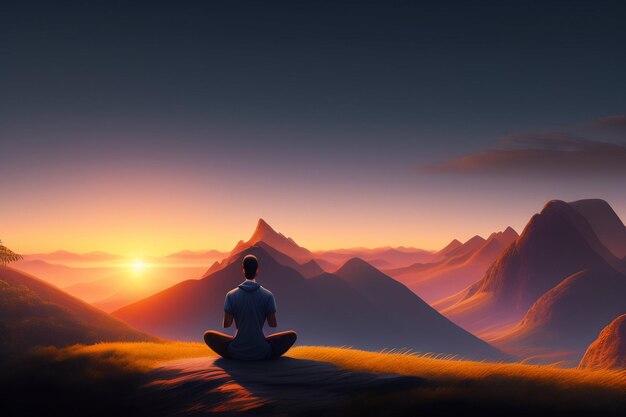 A man meditating in front of a mountain landscape.