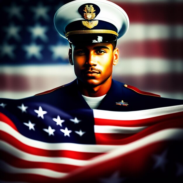 A man in a military uniform holds a flag with the words us navy on it