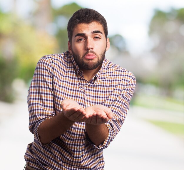 Man model begging with outstretched hands