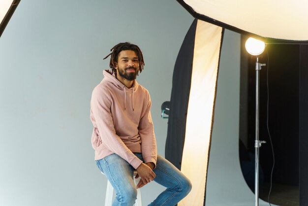 Man model sitting on chair