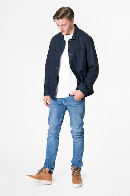 Free photo man in navy jacket and jeans streetwear