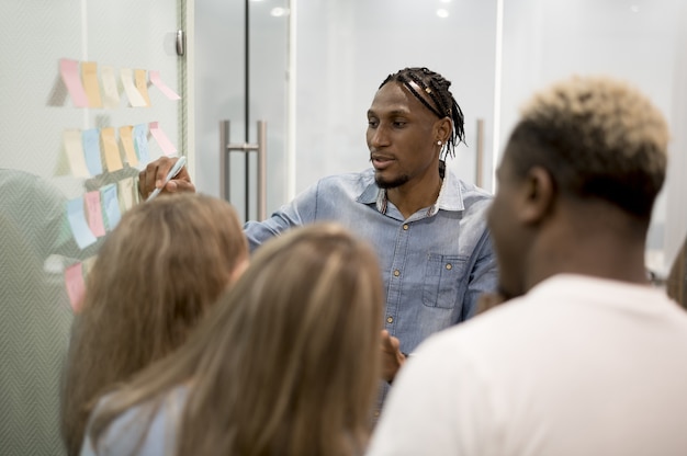 Man at the office giving presentation to people using sticky notes