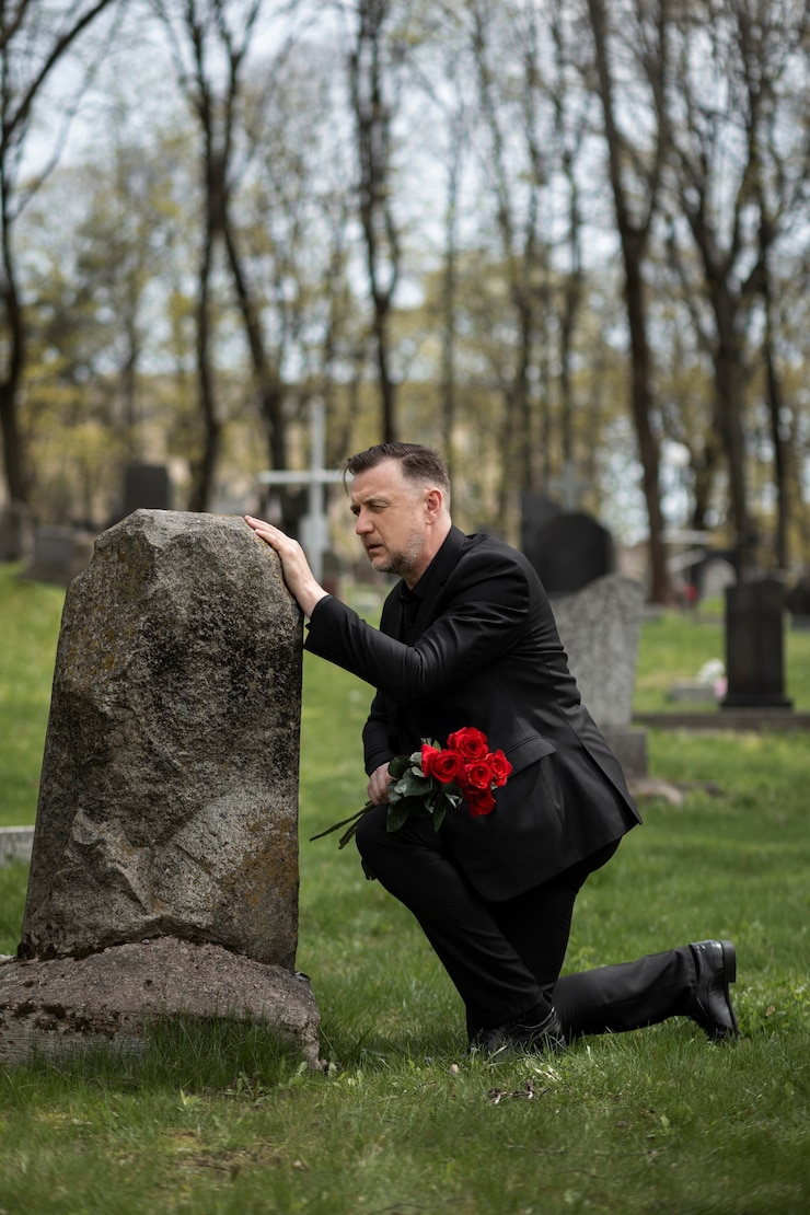 Free Photo man paying respect to a tombstone at the cemetery