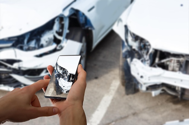 Мужчина фотографирует свой автомобиль с повреждениями для страхования от несчастных случаев со смартфоном.