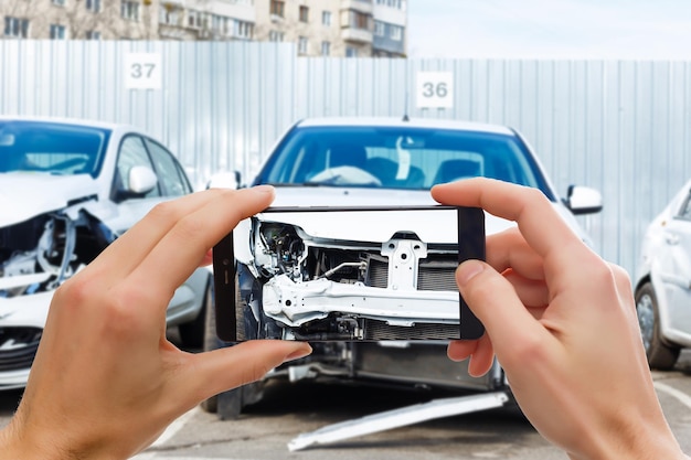 Мужчина фотографирует свой автомобиль с повреждениями для страхования от несчастных случаев со смартфоном.