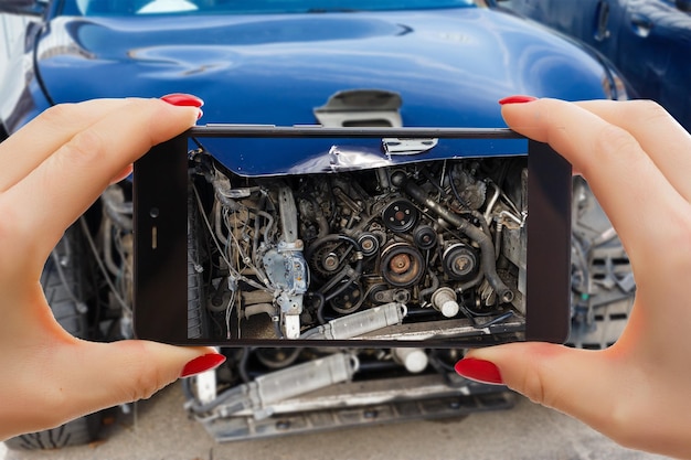 Man photographing his vehicle with damages for accident insurance with smart phone.