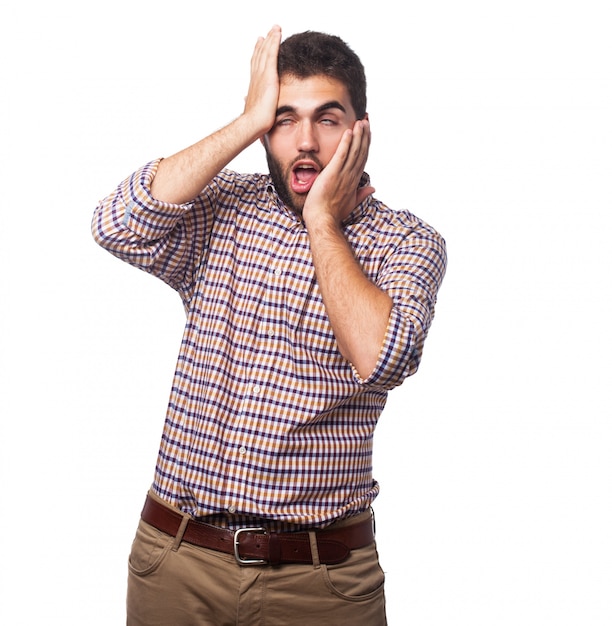 Man in plaid shirt on white background. 