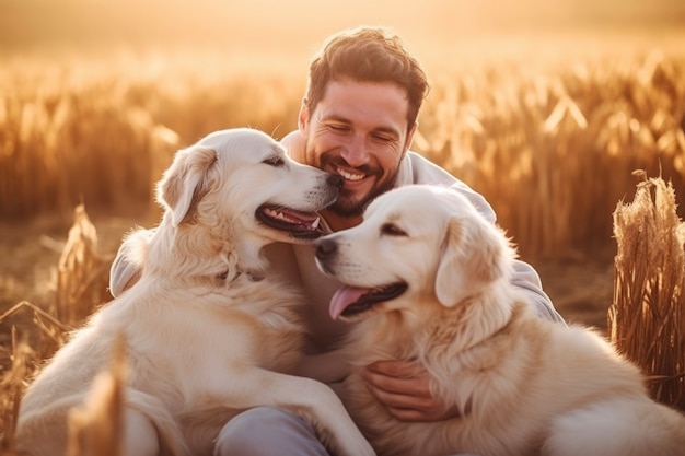 Free photo man playing with his two dogs