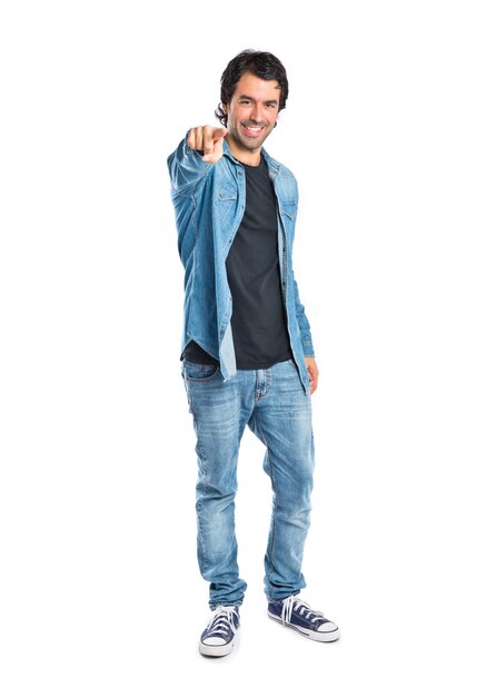 Man pointing to the front over white background