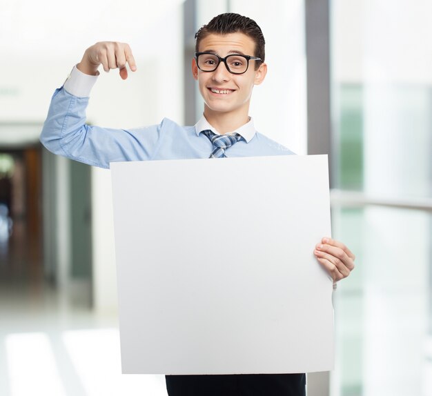 Man pointing his poster