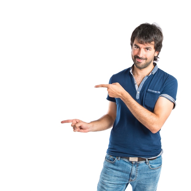 Man pointing over white background