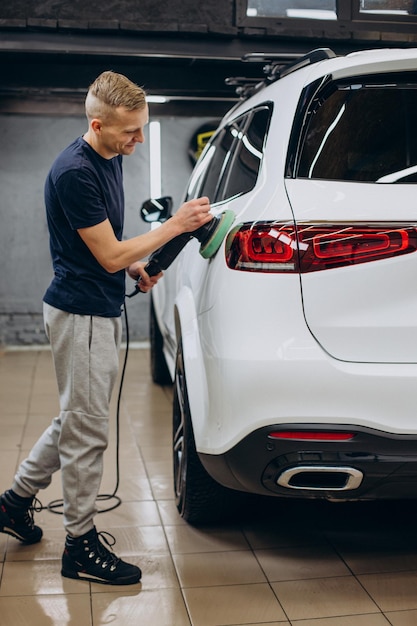 Man polishing car with orbital applicator