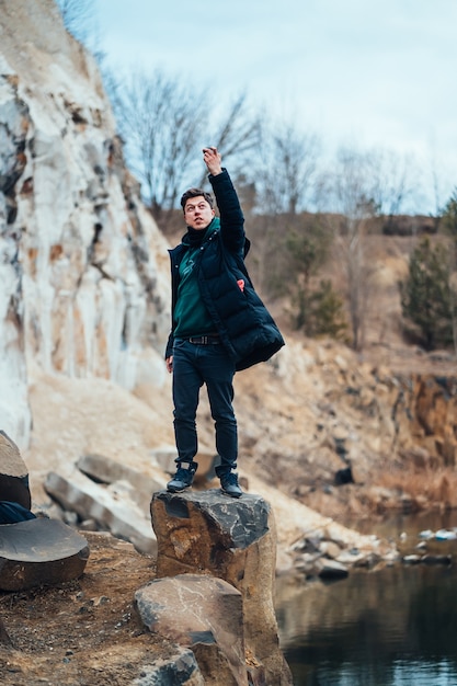 Free photo man poses in the quarry