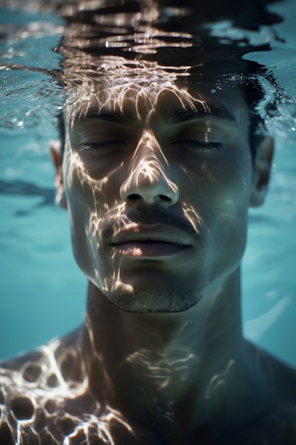 Foto gratuita uomo in posa sott'acqua