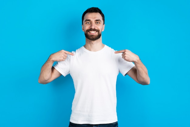 Man posing while pointing at himself