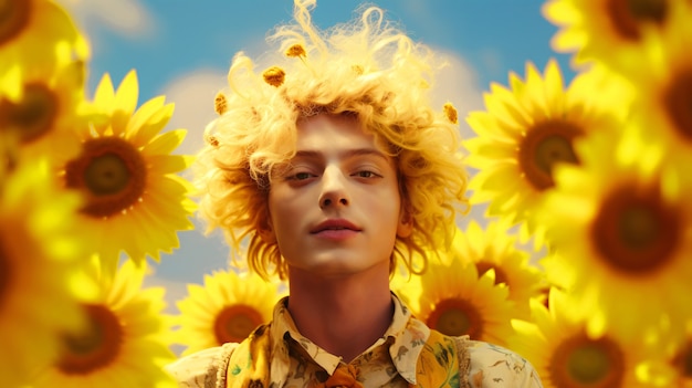 Free photo man posing with sunflower