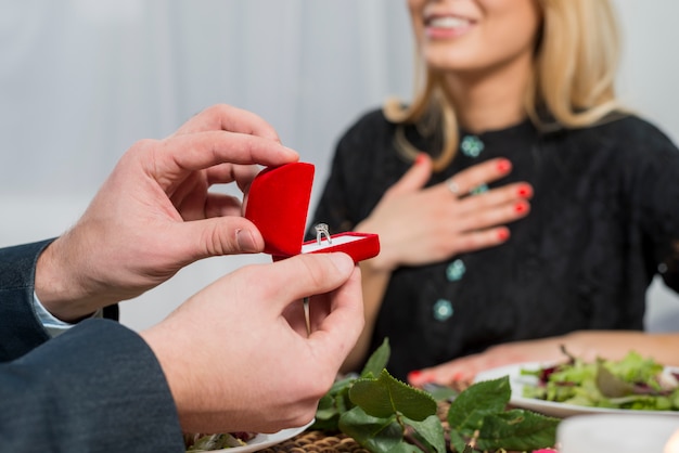 Man presenting gift box with ring to surprised woman at table