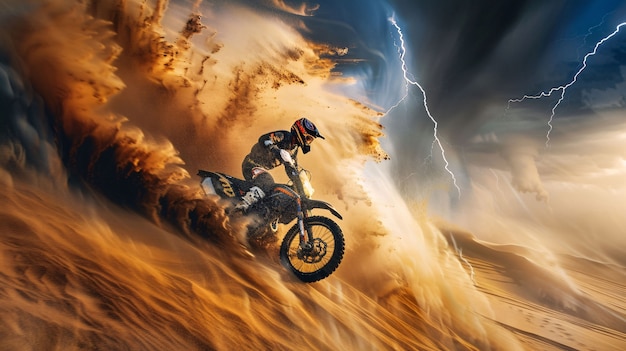 Free photo man  racing dirt bike in fantasy environment