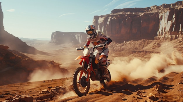 Foto gratuita uomo che gareggia su una moto di terra in un ambiente immaginario