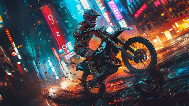 Free photo man  racing dirt bike in fantasy environment