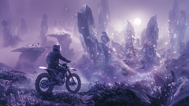 Free photo man  racing dirt bike in fantasy environment