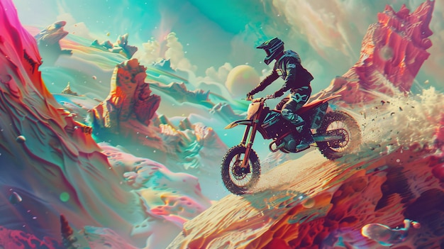 Free photo man  racing dirt bike in fantasy environment