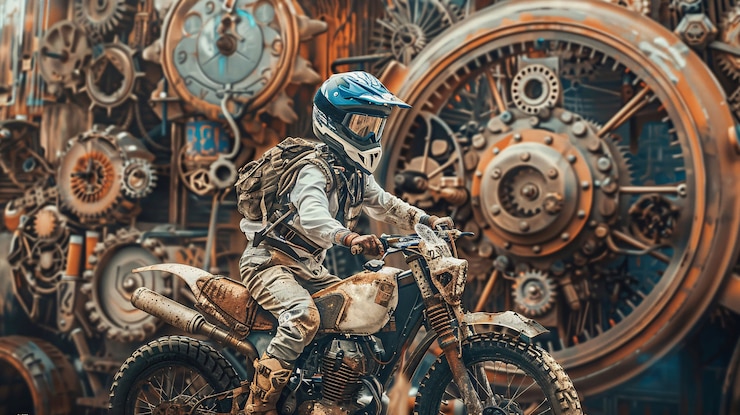 Free Photo man  racing dirt bike in fantasy environment