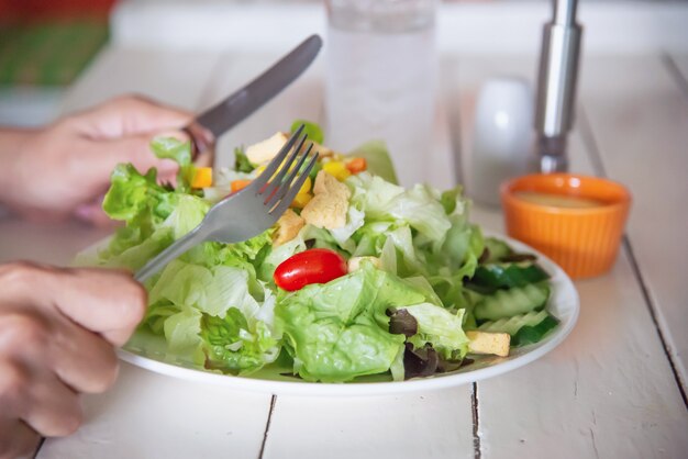 野菜のサラダを食べる準備ができている人