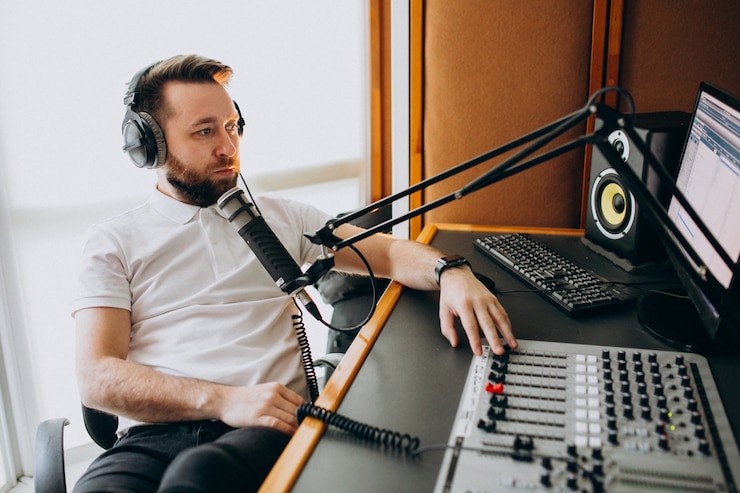 Free Photo man at a recording studio, music production
