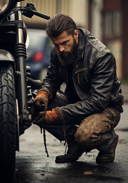 バイクを修理する男性