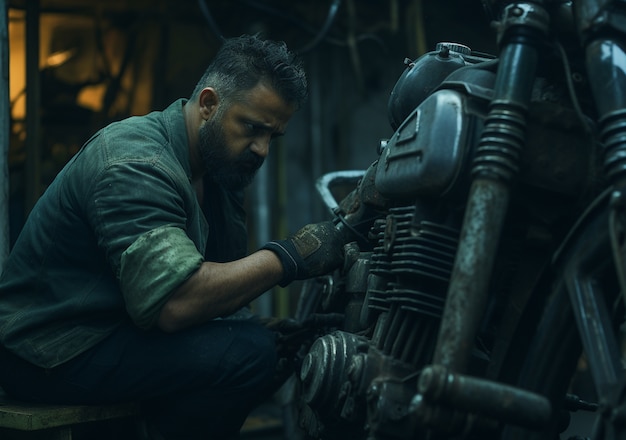 Man repairing his motorcycle