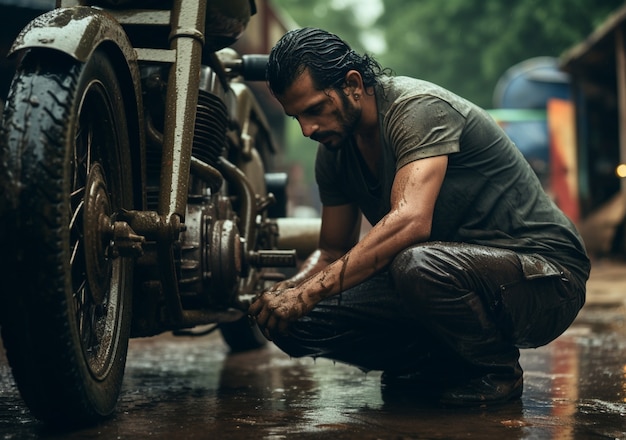 Free photo man repairing his motorcycle