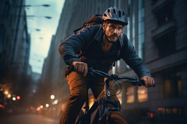 Foto gratuita uomo che guida la sua bicicletta all'aperto in città
