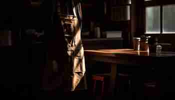 Free photo a man's bag hangs on a table in a dark room.