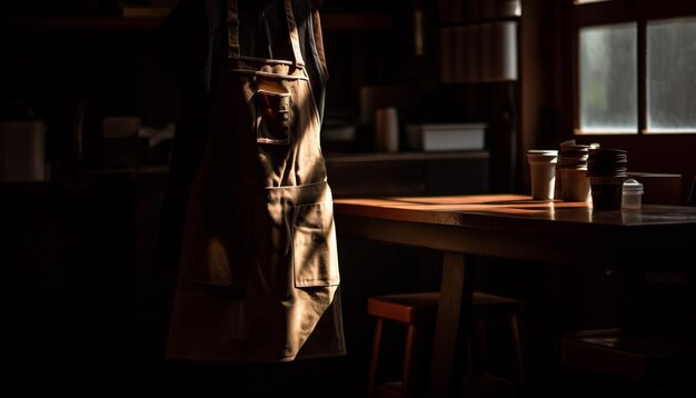 A man's bag hangs on a table in a dark room.