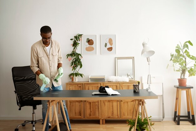 Man servant cleaning table full shot