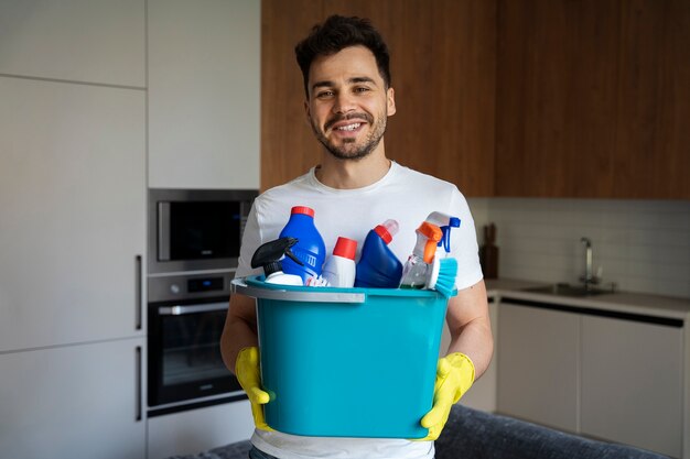 Man servant doing chores around the house